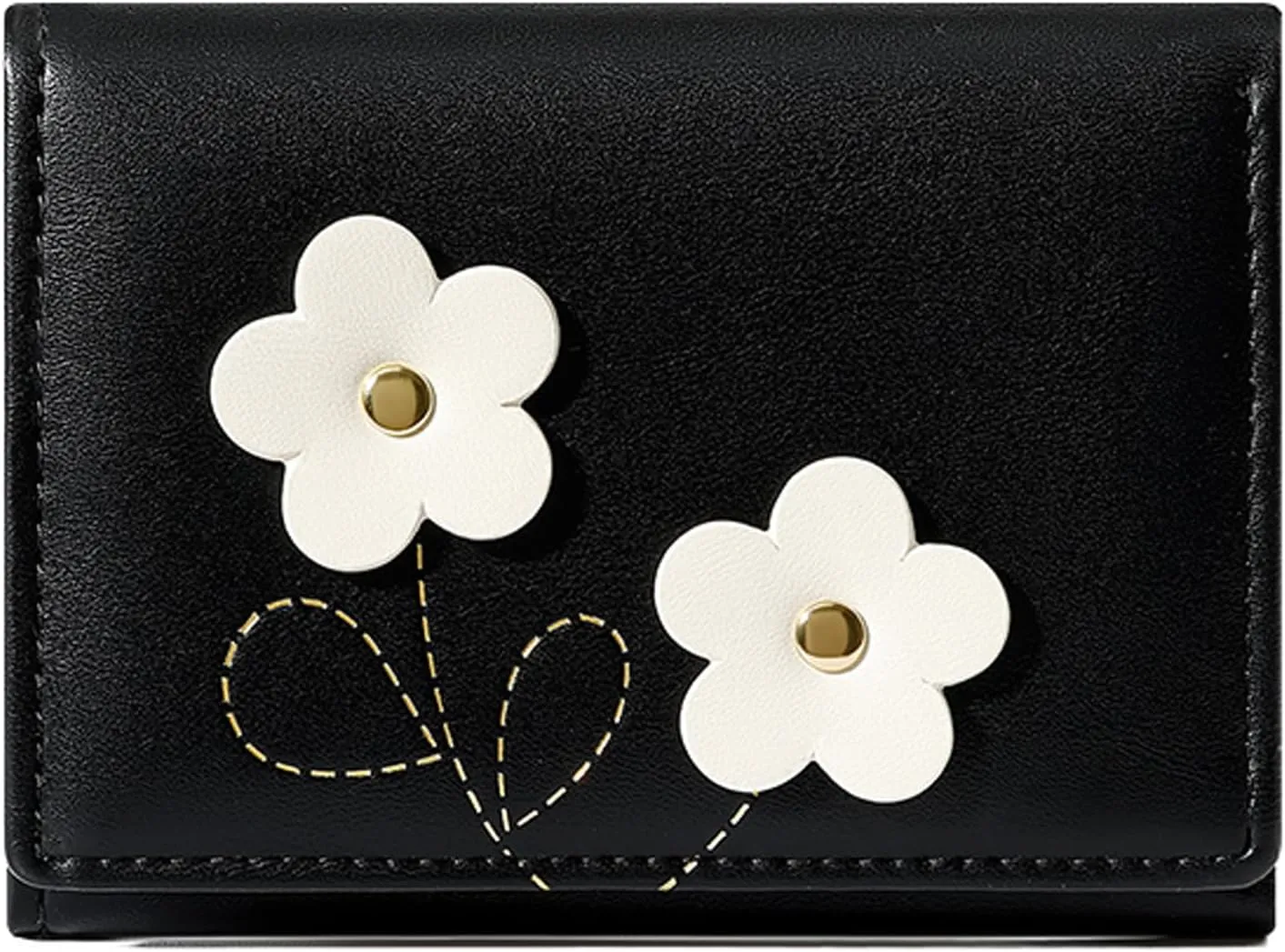 Small Cute Wallet for Girl Women Flower Tri-Fold Slim Wallets Cash Pocket PU Leather Card Holder Coin Purse with ID Window (BLACK)
