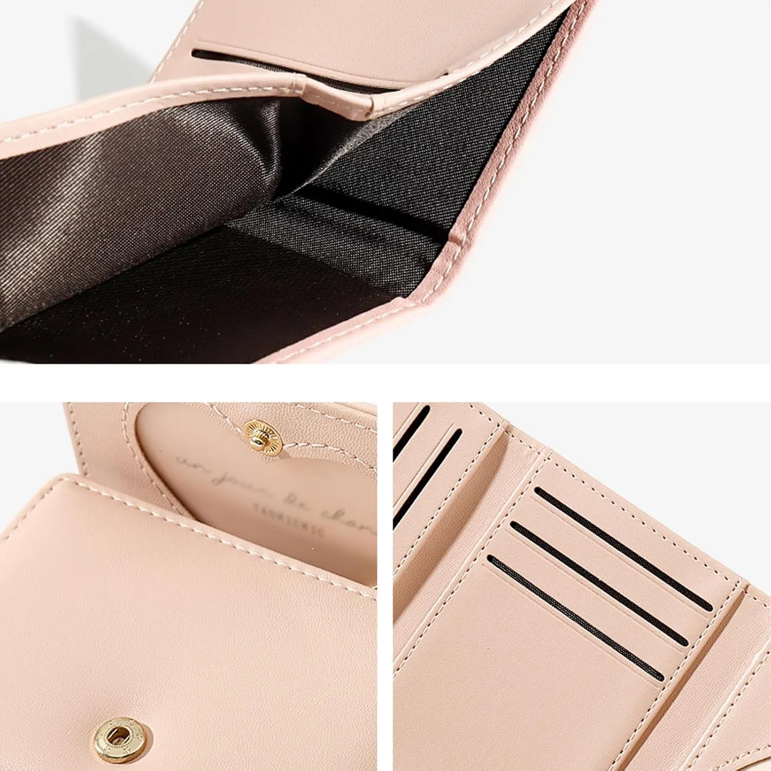 Small Cute Wallet for Girl Women Flower Tri-Fold Slim Wallets Cash Pocket PU Leather Card Holder Coin Purse with ID Window (BLACK)