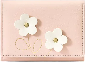 Small Cute Wallet for Girl Women Flower Tri-Fold Slim Wallets Cash Pocket PU Leather Card Holder Coin Purse with ID Window (PINK)