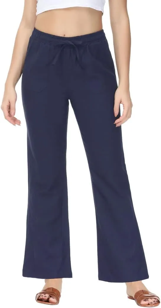 Soojun Women's Casual Linen Blend Elastic Waist Flared Pants
