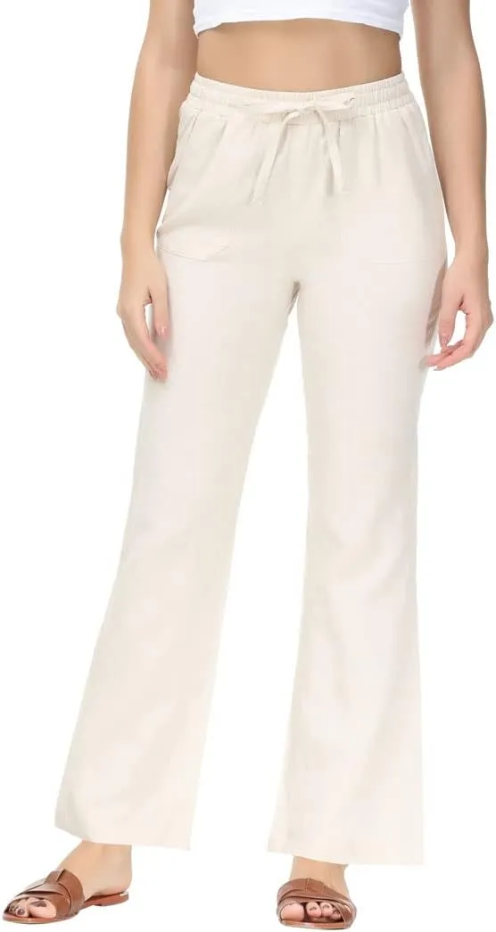 Soojun Women's Casual Linen Blend Elastic Waist Flared Pants