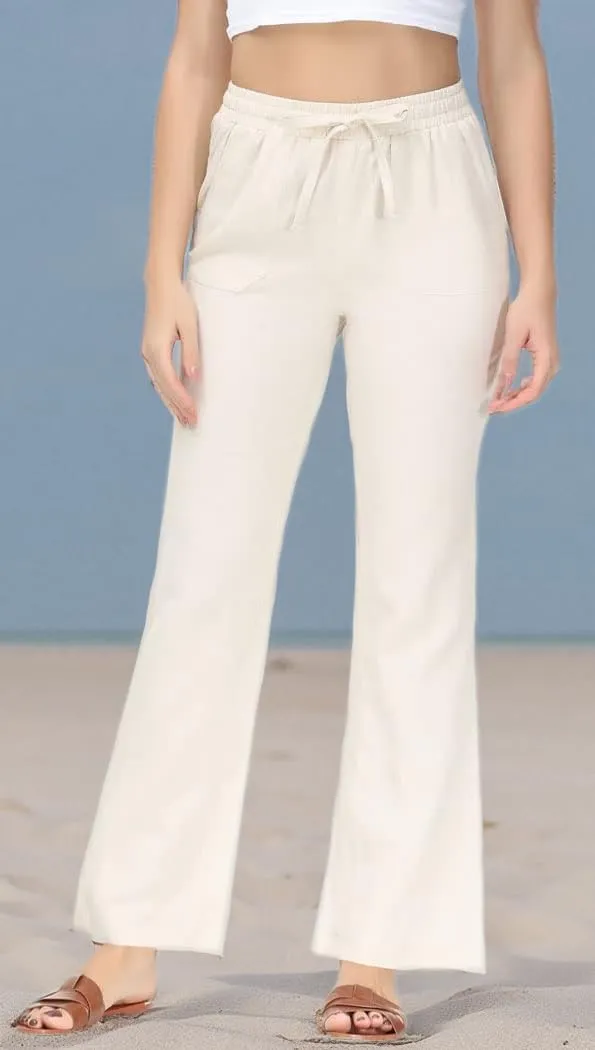 Soojun Women's Casual Linen Blend Elastic Waist Flared Pants