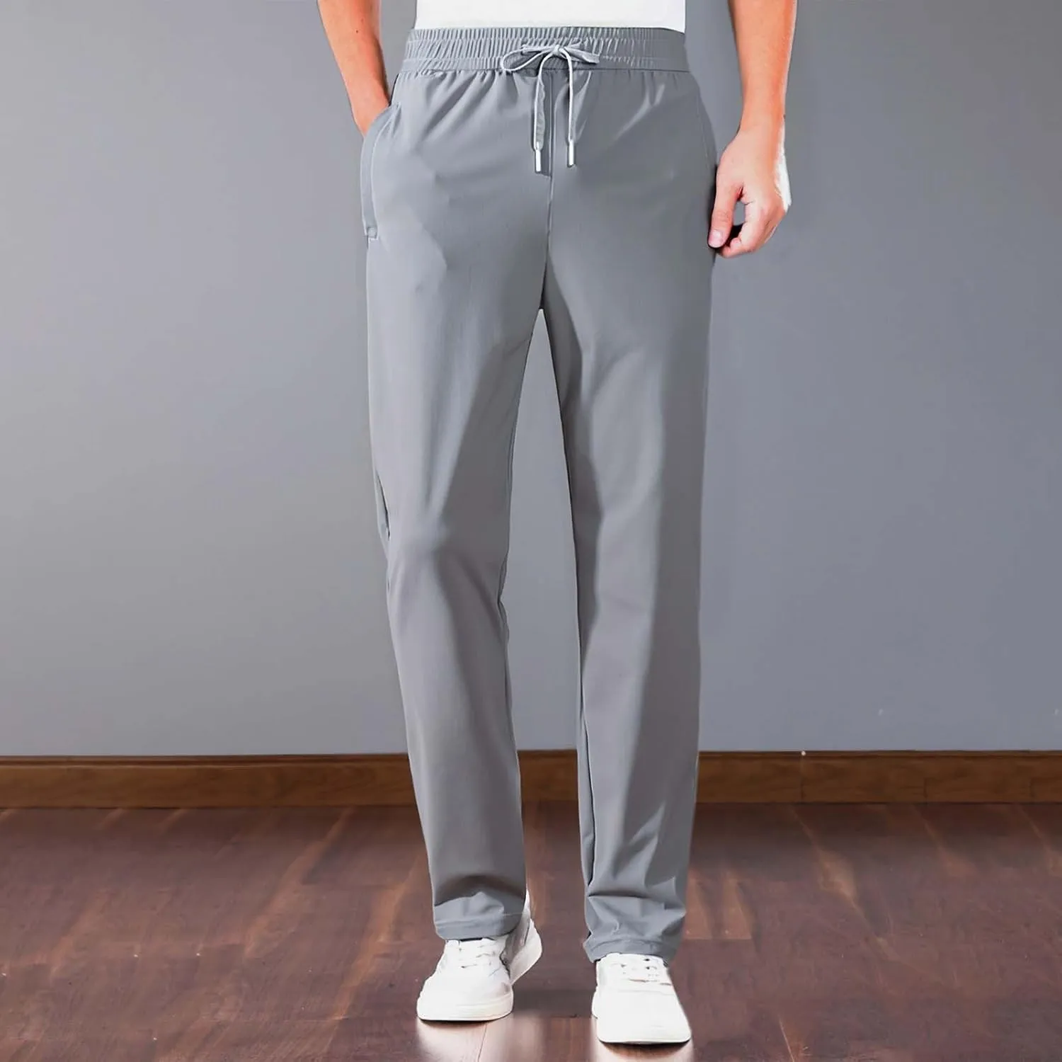 Stretch Active Pants for Men Breathable Quick Drying Beeswan Pants Baggy Casual Ice Silk Trousers with Zipper Pockets
