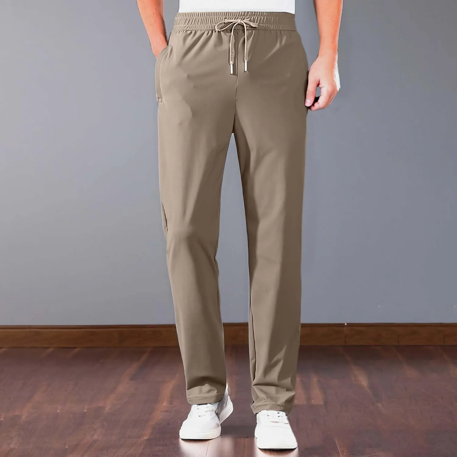 Stretch Active Pants for Men Breathable Quick Drying Beeswan Pants Baggy Casual Ice Silk Trousers with Zipper Pockets