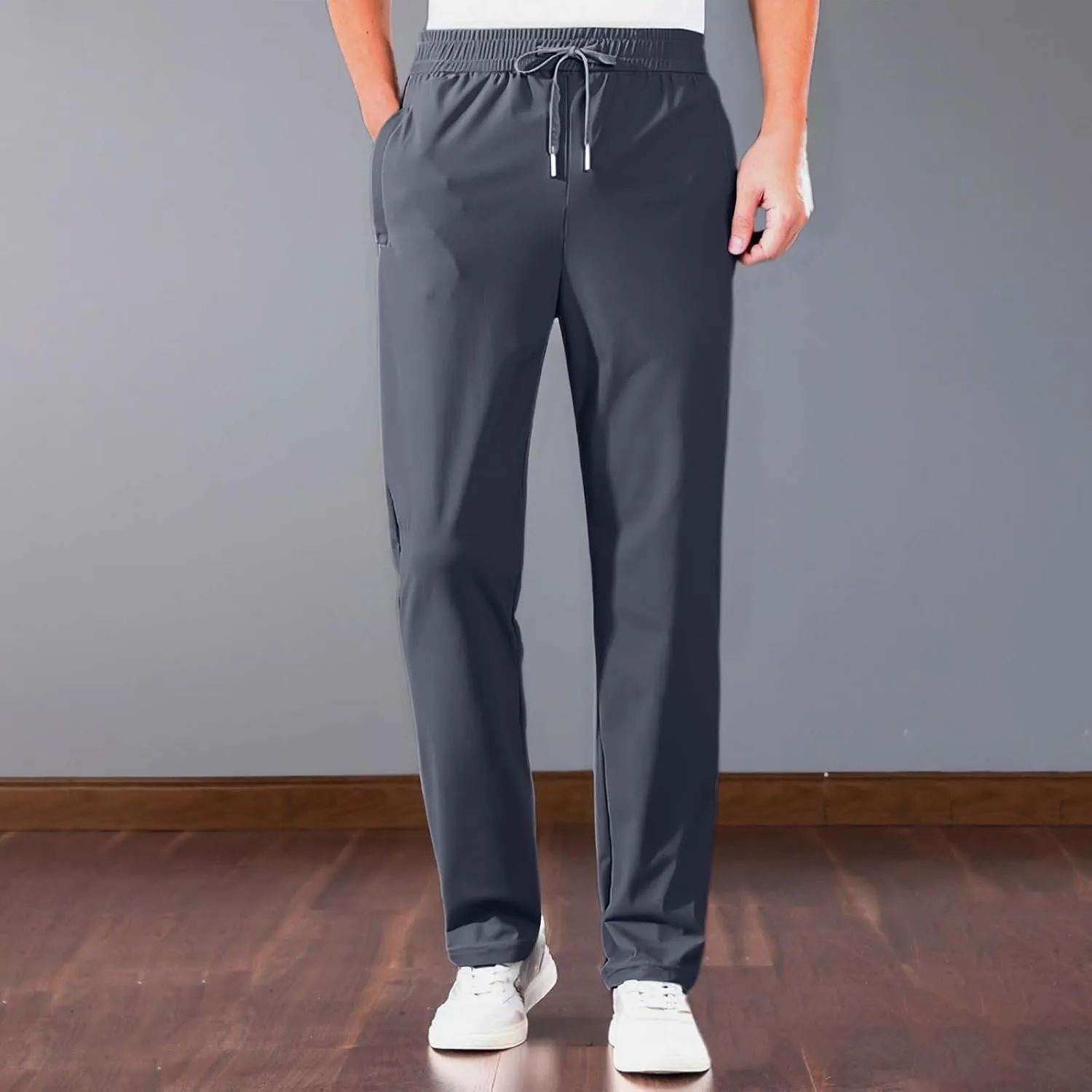 Stretch Active Pants for Men Breathable Quick Drying Beeswan Pants Baggy Casual Ice Silk Trousers with Zipper Pockets