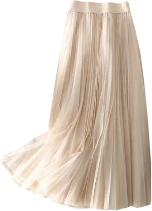 Summer Skirt for Vacation Womens High Elastic Waist Lightweight Sheer A-Line Pleated Flared Maxi Shirts Long Trendy