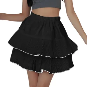 Summer Skirts for Vacation High Elastic Waist Solid Loose Double Ruffle Hem Comfy Casual Pleated Short Skirts for Women