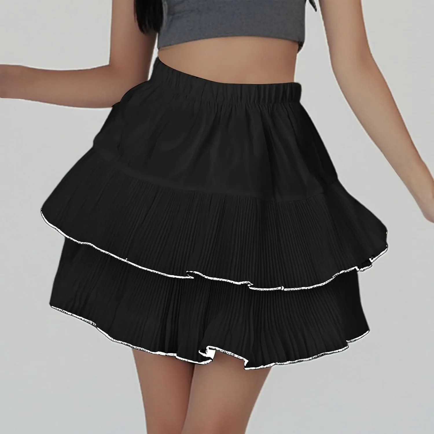 Summer Skirts for Vacation High Elastic Waist Solid Loose Double Ruffle Hem Comfy Casual Pleated Short Skirts for Women