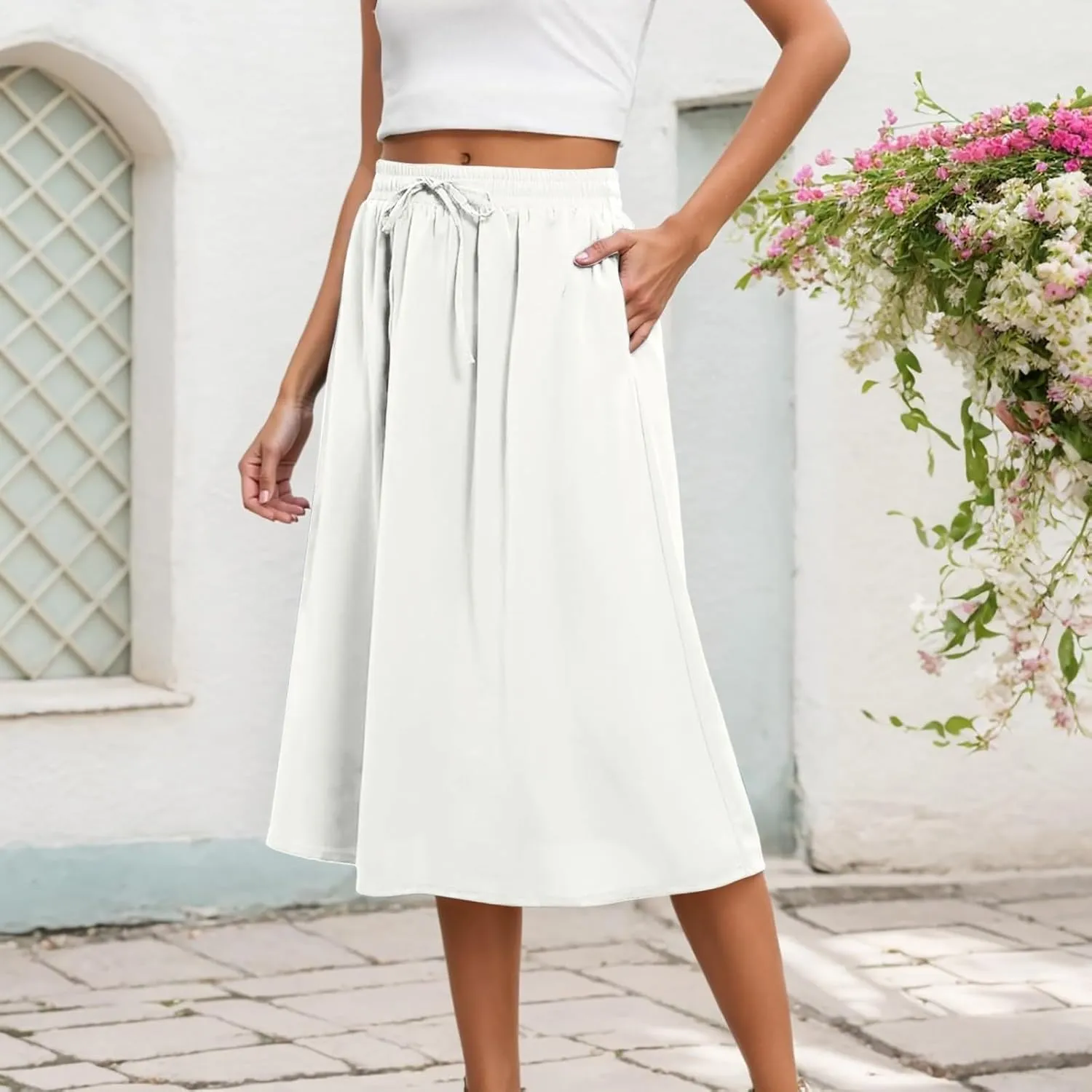 Summer Skirts for Women Trendy High Elastic Waist Loose Drawstring Solid A-Line Midi Shirts for Vacation Streetwear