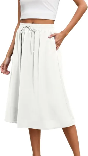 Summer Skirts for Women Trendy High Elastic Waist Loose Drawstring Solid A-Line Midi Shirts for Vacation Streetwear