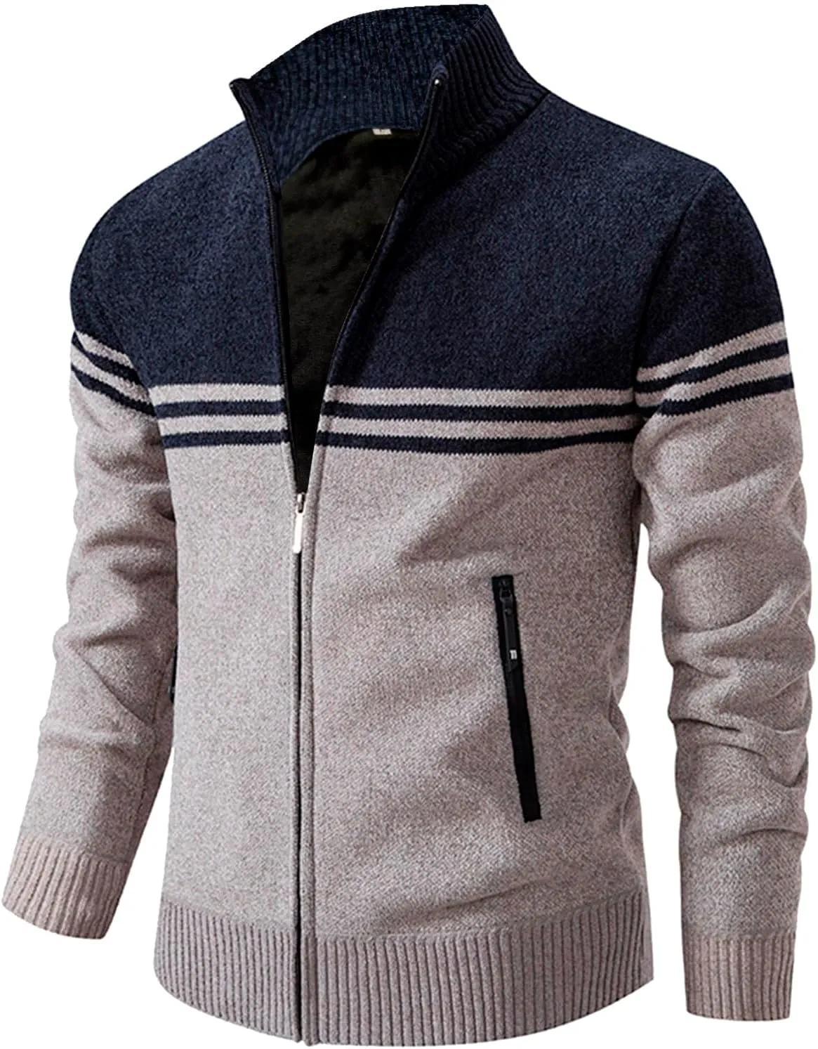SUWBMHWE Mens Cream Sweater Mens Cardigan Sweater, Men's Full Zip Cardigan Sweater Slim Fit Cable Knitted Zip Up Sweater with Pockets Mens Fall Sweater
