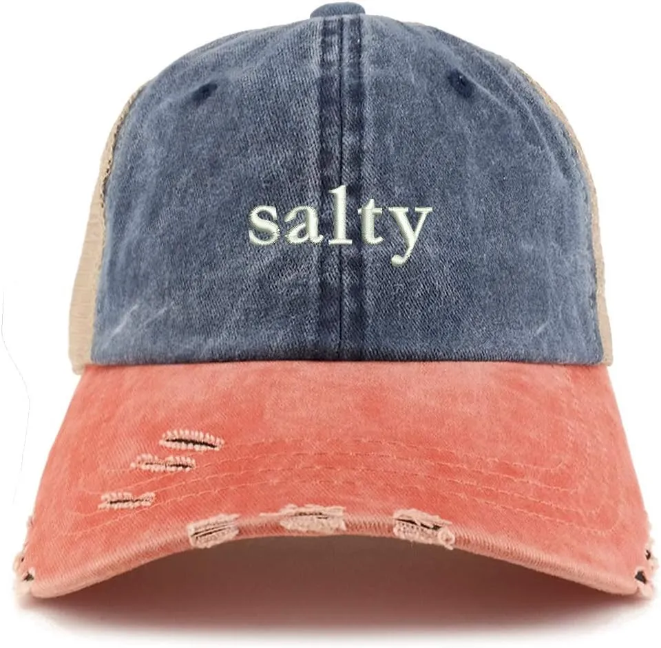 Trendy Apparel Shop Salty Embroidered Washed Front Mesh Back Frayed Bill Cap