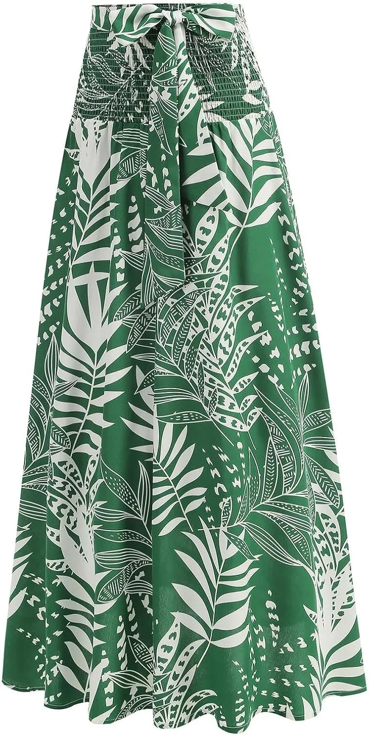 Tropical Print Hawaii Maxi Skirts for Women Summer Drawstring High Waisted Boho Tiered Swing Pleated Flowy Skirt