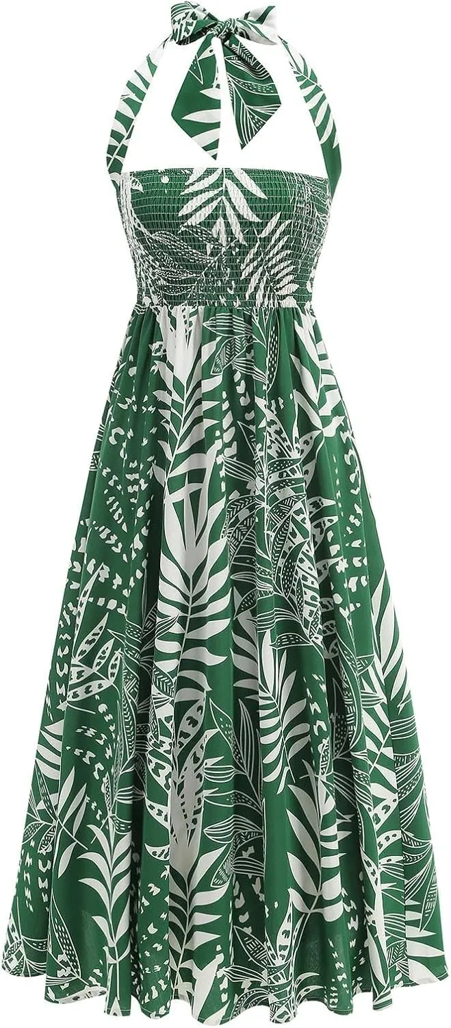 Tropical Print Hawaii Maxi Skirts for Women Summer Drawstring High Waisted Boho Tiered Swing Pleated Flowy Skirt