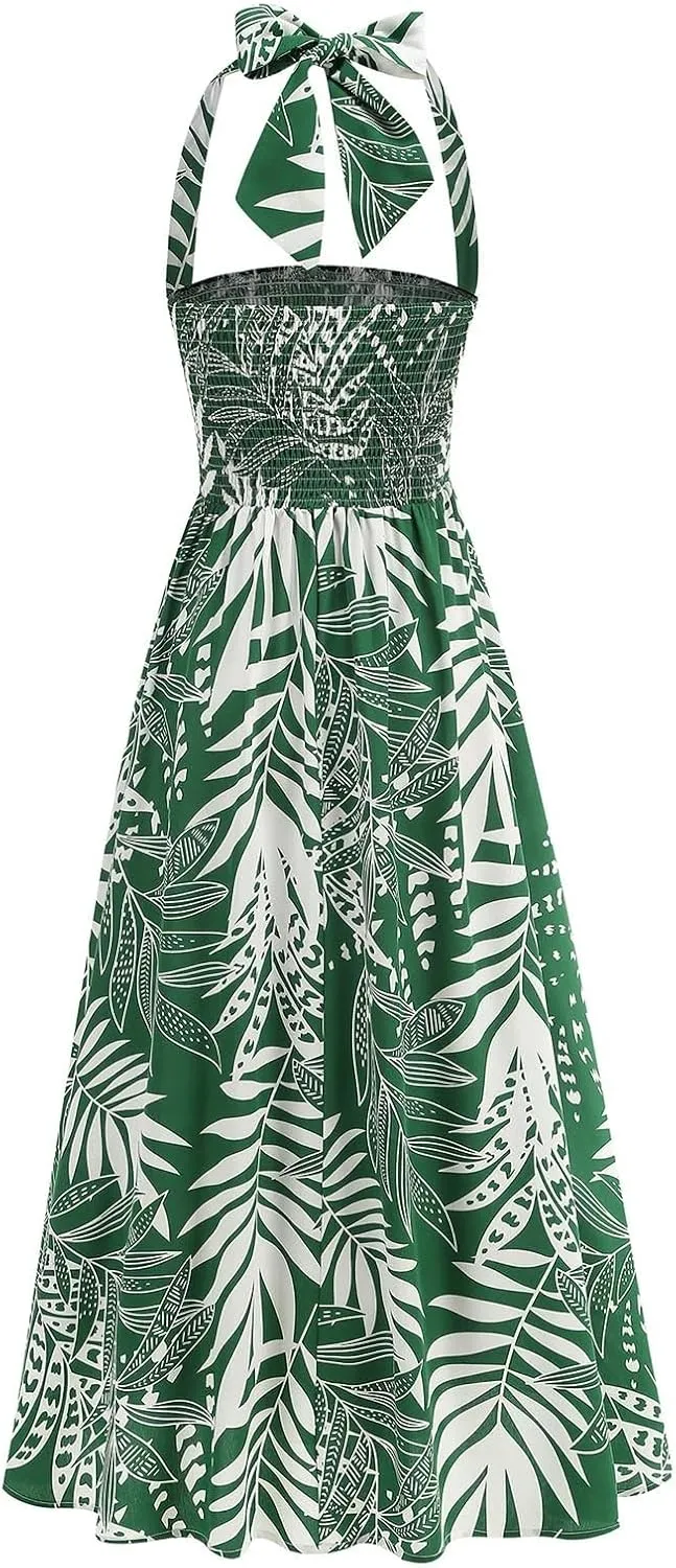 Tropical Print Hawaii Maxi Skirts for Women Summer Drawstring High Waisted Boho Tiered Swing Pleated Flowy Skirt