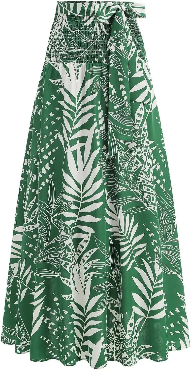 Tropical Print Hawaii Maxi Skirts for Women Summer Drawstring High Waisted Boho Tiered Swing Pleated Flowy Skirt