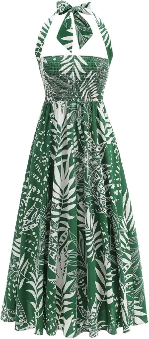Tropical Print Hawaii Maxi Skirts for Women Summer Drawstring High Waisted Boho Tiered Swing Pleated Flowy Skirt