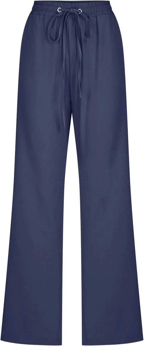 Uillui Pants for Women Casual Comfortable Straight Pants Cotton Linen Elastic Waist Slacks Trousers Loose Fit Wide Leg Pants