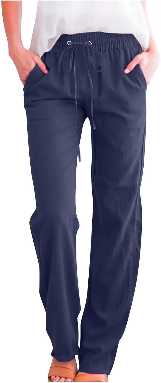 Uillui Pants for Women Casual Comfortable Straight Pants Cotton Linen Elastic Waist Slacks Trousers Loose Fit Wide Leg Pants