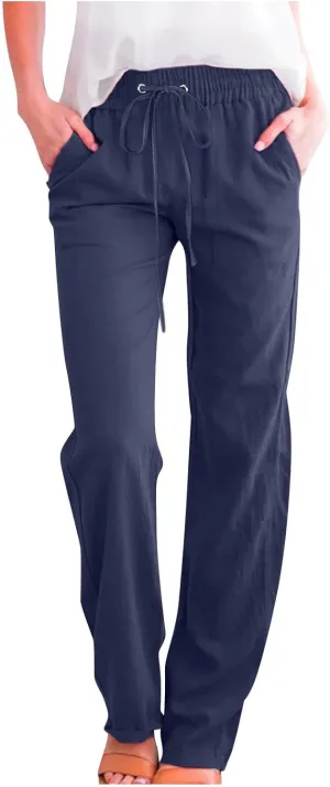 Uillui Pants for Women Casual Comfortable Straight Pants Cotton Linen Elastic Waist Slacks Trousers Loose Fit Wide Leg Pants