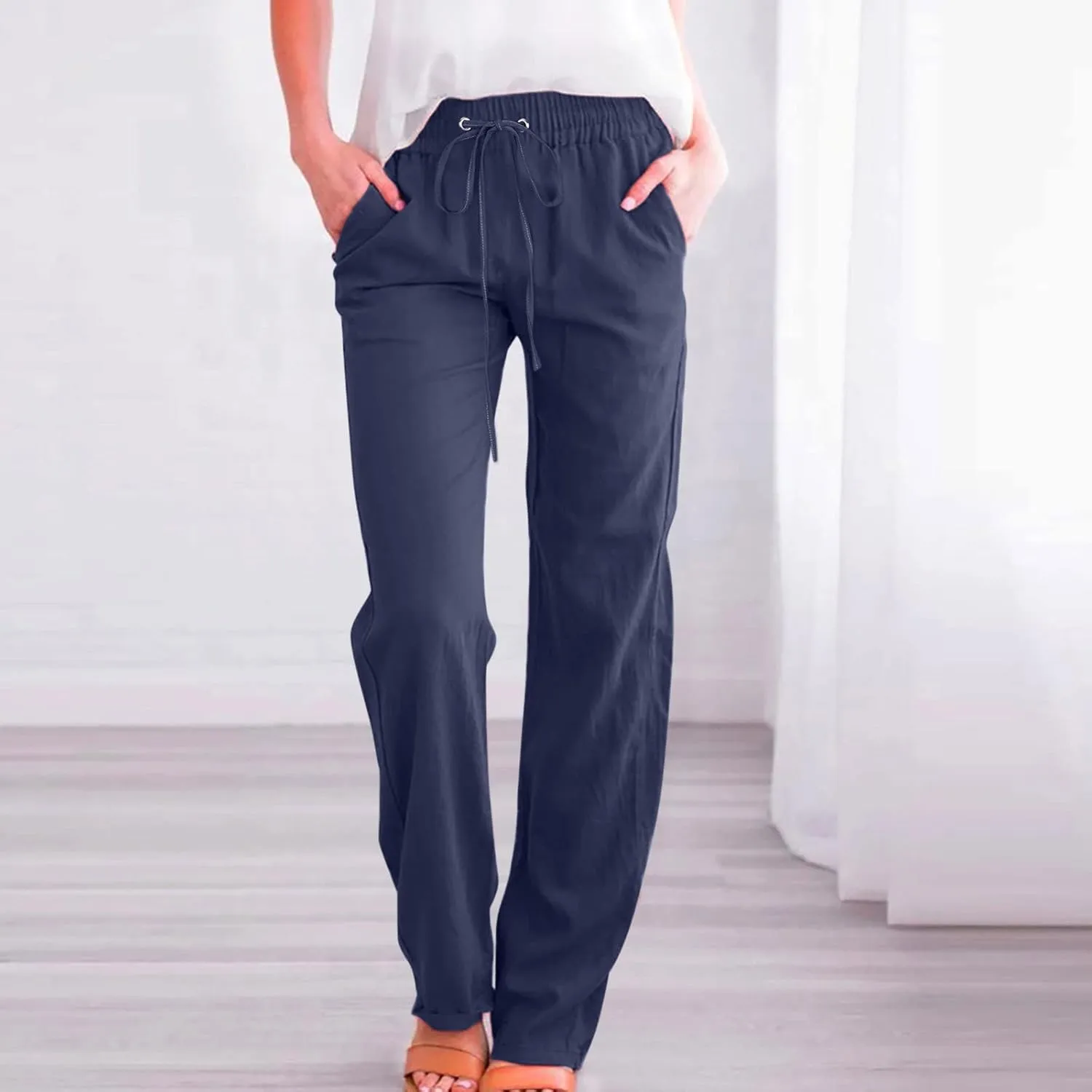 Uillui Pants for Women Casual Comfortable Straight Pants Cotton Linen Elastic Waist Slacks Trousers Loose Fit Wide Leg Pants