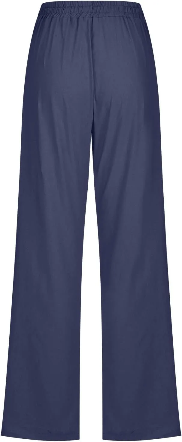 Uillui Pants for Women Casual Comfortable Straight Pants Cotton Linen Elastic Waist Slacks Trousers Loose Fit Wide Leg Pants