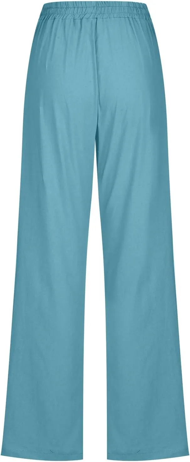 Uillui Work Pants for Women Casual Lightweight Elastic Waist Straight Trousers Summer Loose Cotton Linen Slacks with Pockets