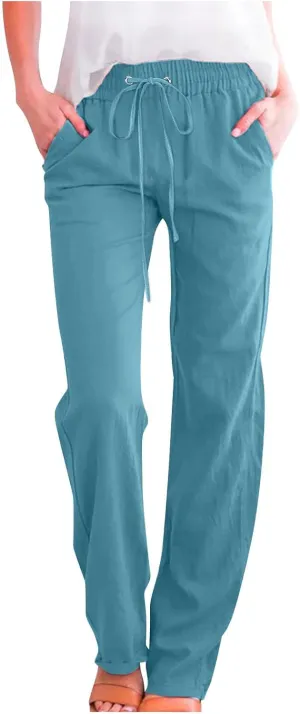 Uillui Work Pants for Women Casual Lightweight Elastic Waist Straight Trousers Summer Loose Cotton Linen Slacks with Pockets