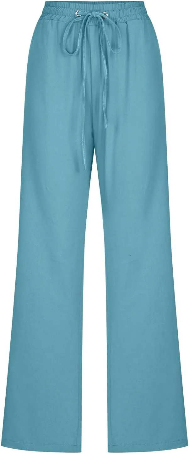 Uillui Work Pants for Women Casual Lightweight Elastic Waist Straight Trousers Summer Loose Cotton Linen Slacks with Pockets