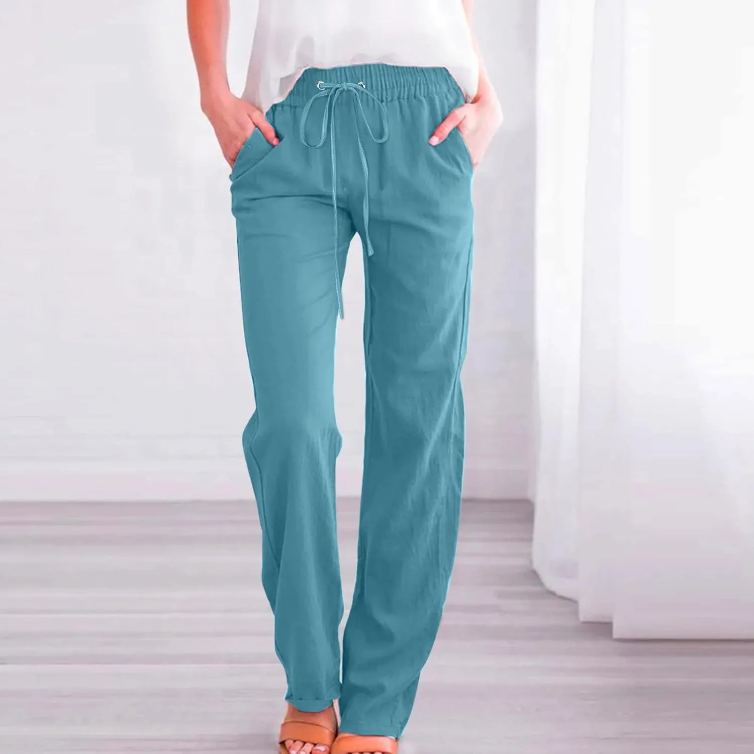 Uillui Work Pants for Women Casual Lightweight Elastic Waist Straight Trousers Summer Loose Cotton Linen Slacks with Pockets