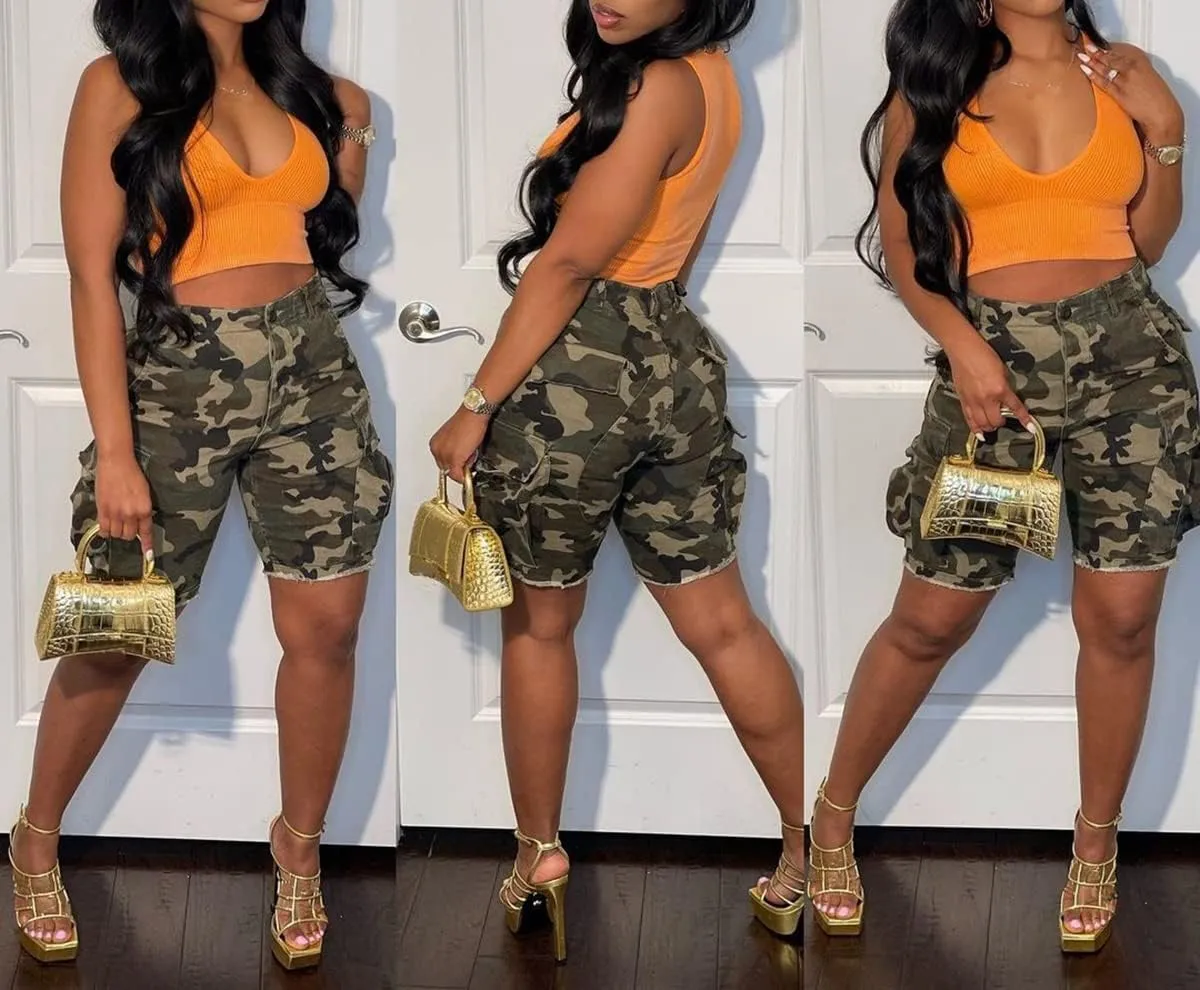 Vakkest Women's Camo Cargo Shorts Casual Trendy High Waisted Summer Joggers Camouflage Print Short Pants with Pockets