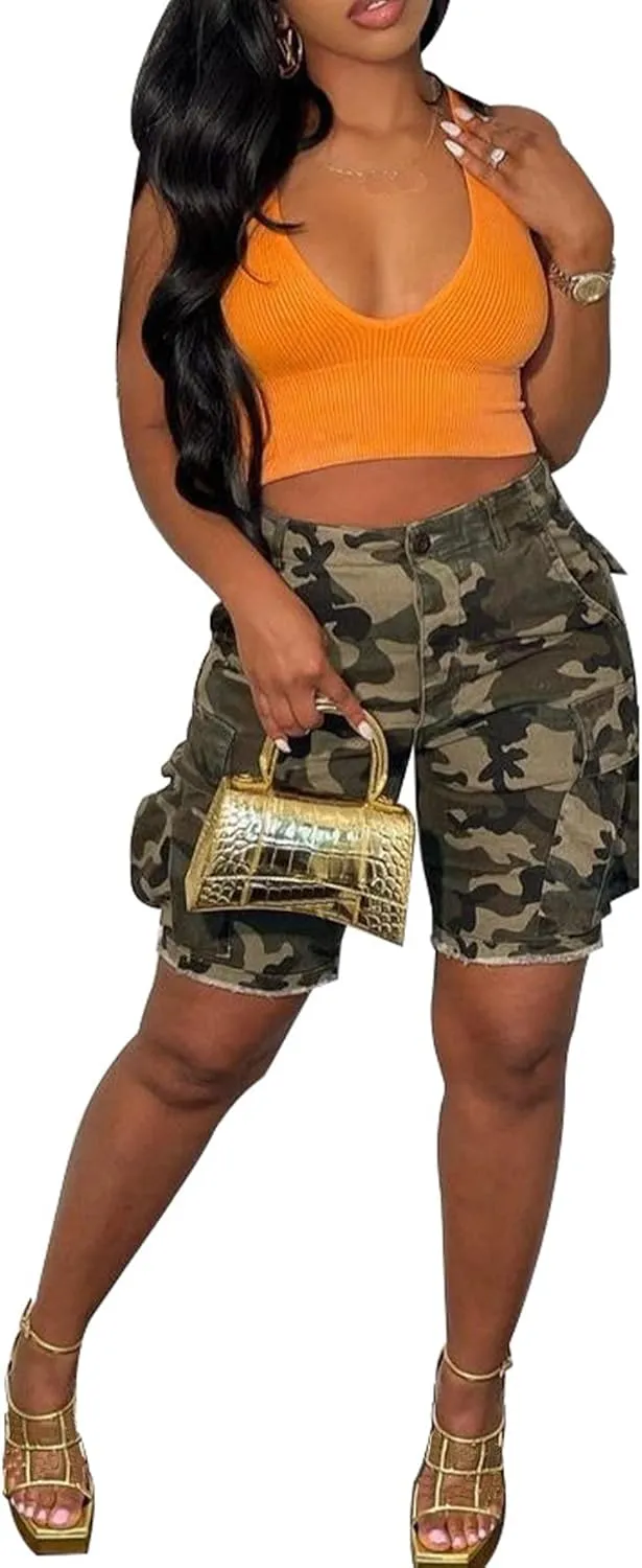 Vakkest Women's Camo Cargo Shorts Casual Trendy High Waisted Summer Joggers Camouflage Print Short Pants with Pockets