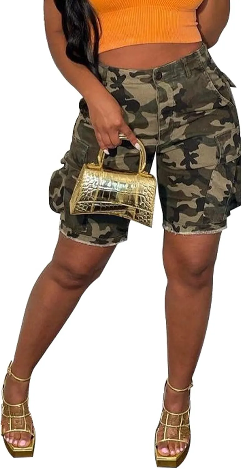 Vakkest Women's Camo Cargo Shorts Casual Trendy High Waisted Summer Joggers Camouflage Print Short Pants with Pockets