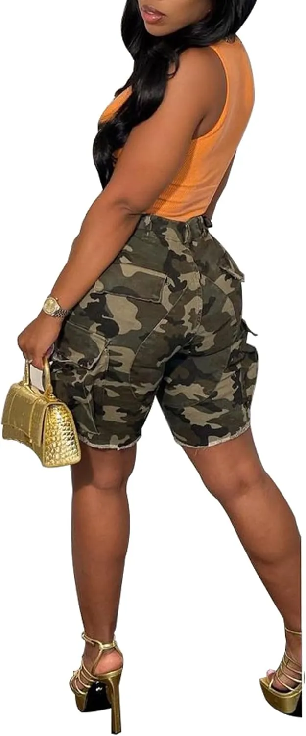 Vakkest Women's Camo Cargo Shorts Casual Trendy High Waisted Summer Joggers Camouflage Print Short Pants with Pockets