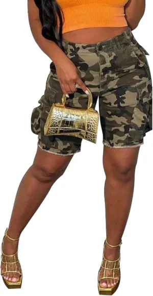 Vakkest Women's Camo Cargo Shorts Casual Trendy High Waisted Summer Joggers Camouflage Print Short Pants with Pockets