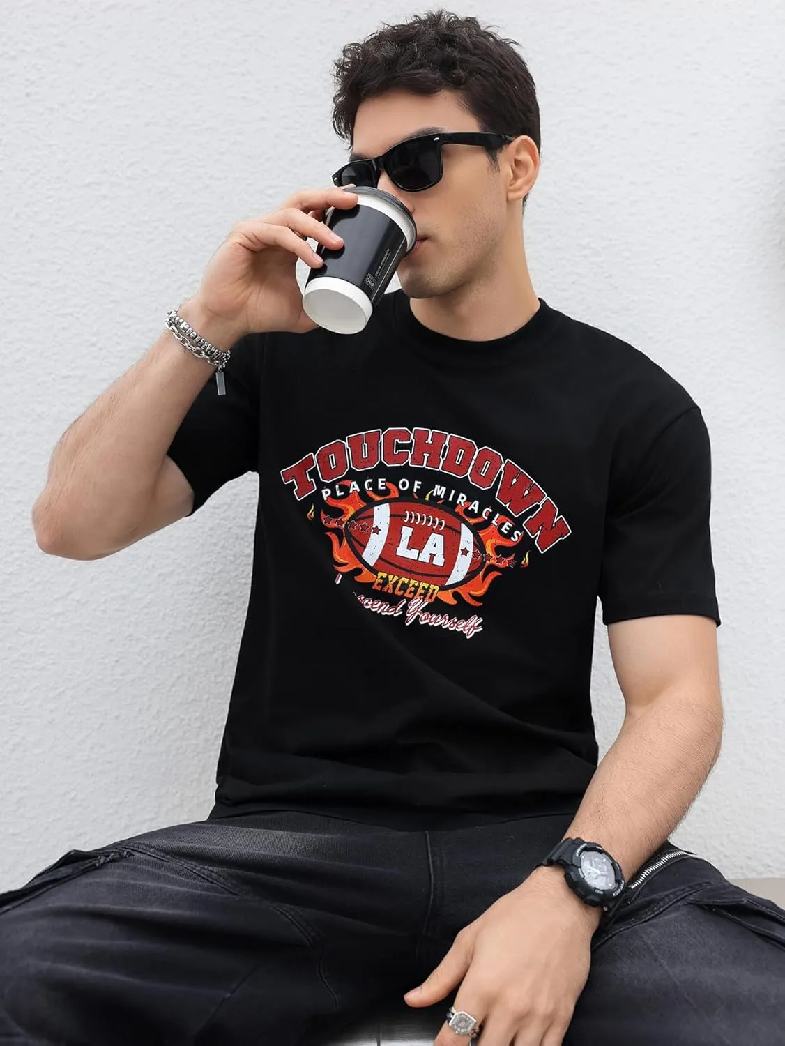 Verdusa Men's Oversized Graphic T Shirts Letter Slogan Drop Shoulder Short Sleeve Round Neck Tee