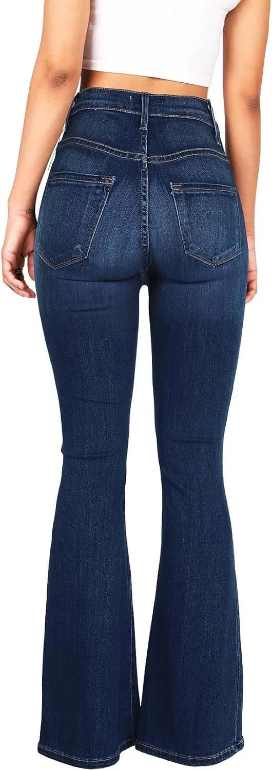 Vibrant Women’s Flare Denim Jeans – High Waisted Button Up Bell Bottom Stretch Classic Flared Pants