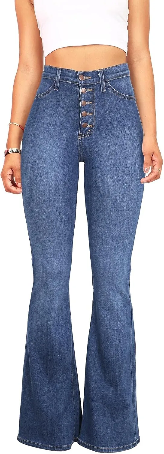Vibrant Women’s Flare Denim Jeans – High Waisted Button Up Bell Bottom Stretch Classic Flared Pants