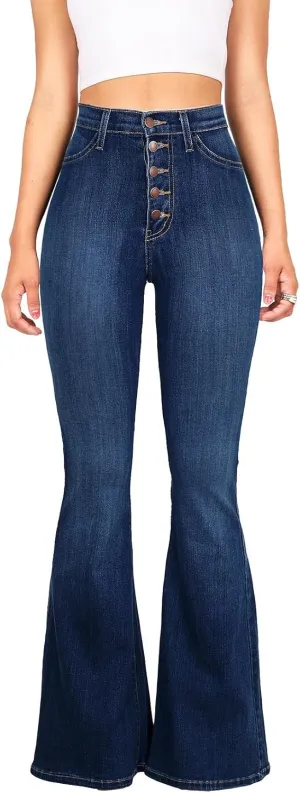 Vibrant Women’s Flare Denim Jeans – High Waisted Button Up Bell Bottom Stretch Classic Flared Pants