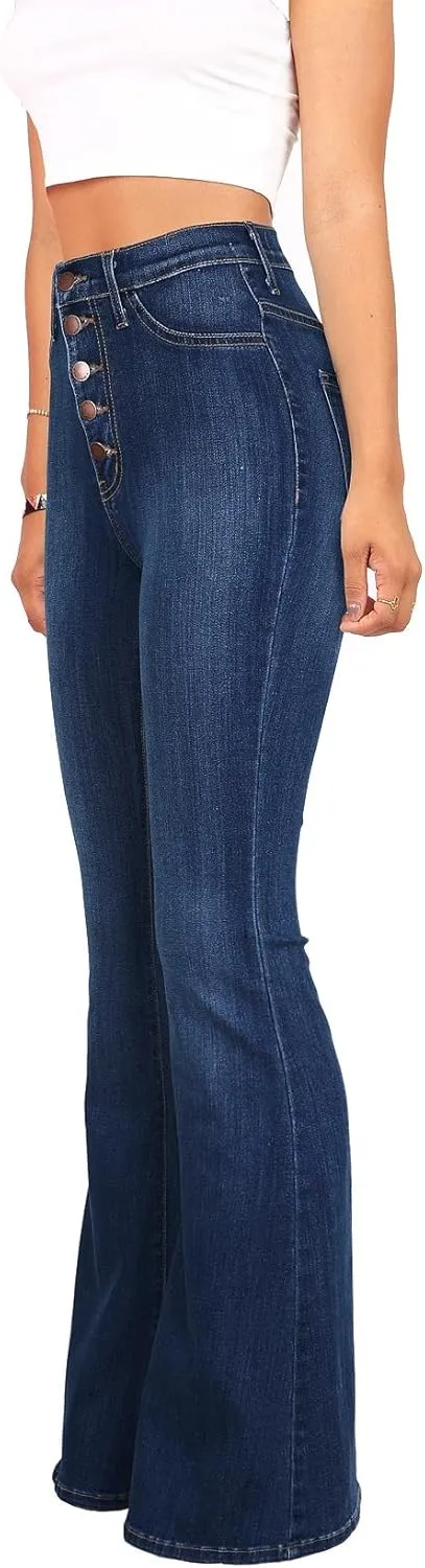 Vibrant Women’s Flare Denim Jeans – High Waisted Button Up Bell Bottom Stretch Classic Flared Pants