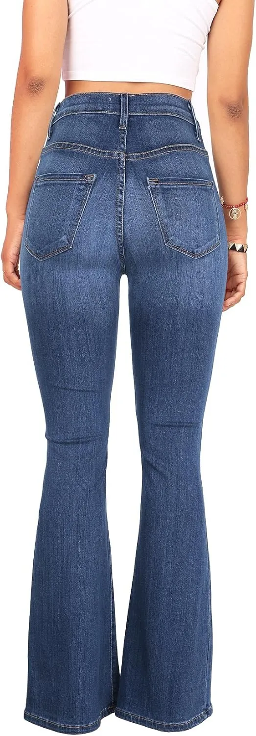 Vibrant Women’s Flare Denim Jeans – High Waisted Button Up Bell Bottom Stretch Classic Flared Pants