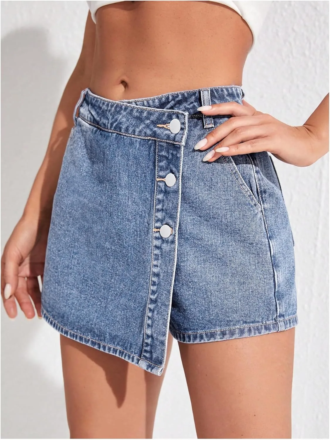 WDIRARA Women's High Waisted Button Front Denim Skort Asymmetrical Hem Skirt Shorts
