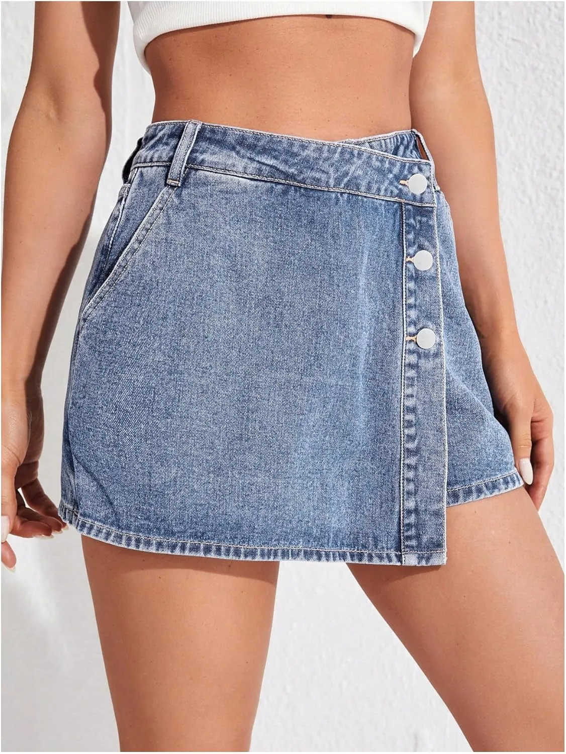 WDIRARA Women's High Waisted Button Front Denim Skort Asymmetrical Hem Skirt Shorts