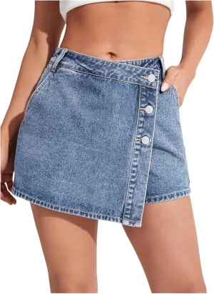 WDIRARA Women's High Waisted Button Front Denim Skort Asymmetrical Hem Skirt Shorts