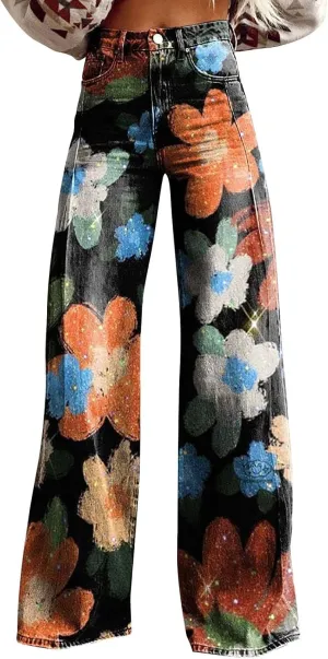 Wide Leg Flare Jeans for Women Vintage Floral Print Baggy Bell Bottom Jean Baggy Retro Boyfriend Flower Denim Pants