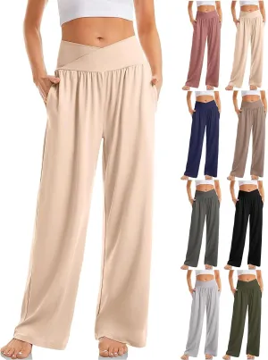 Wide Leg Yoga Pants for Women Crossover High Waisted Athletic Pants with Pockets Soft Straight Leg Lounge Pants