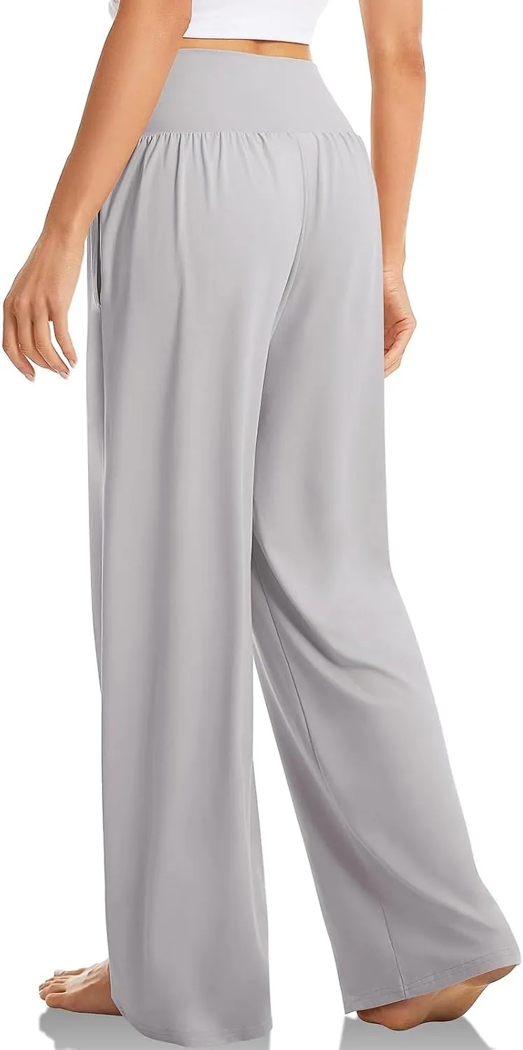 Wide Leg Yoga Pants for Women Crossover High Waisted Athletic Pants with Pockets Soft Straight Leg Lounge Pants