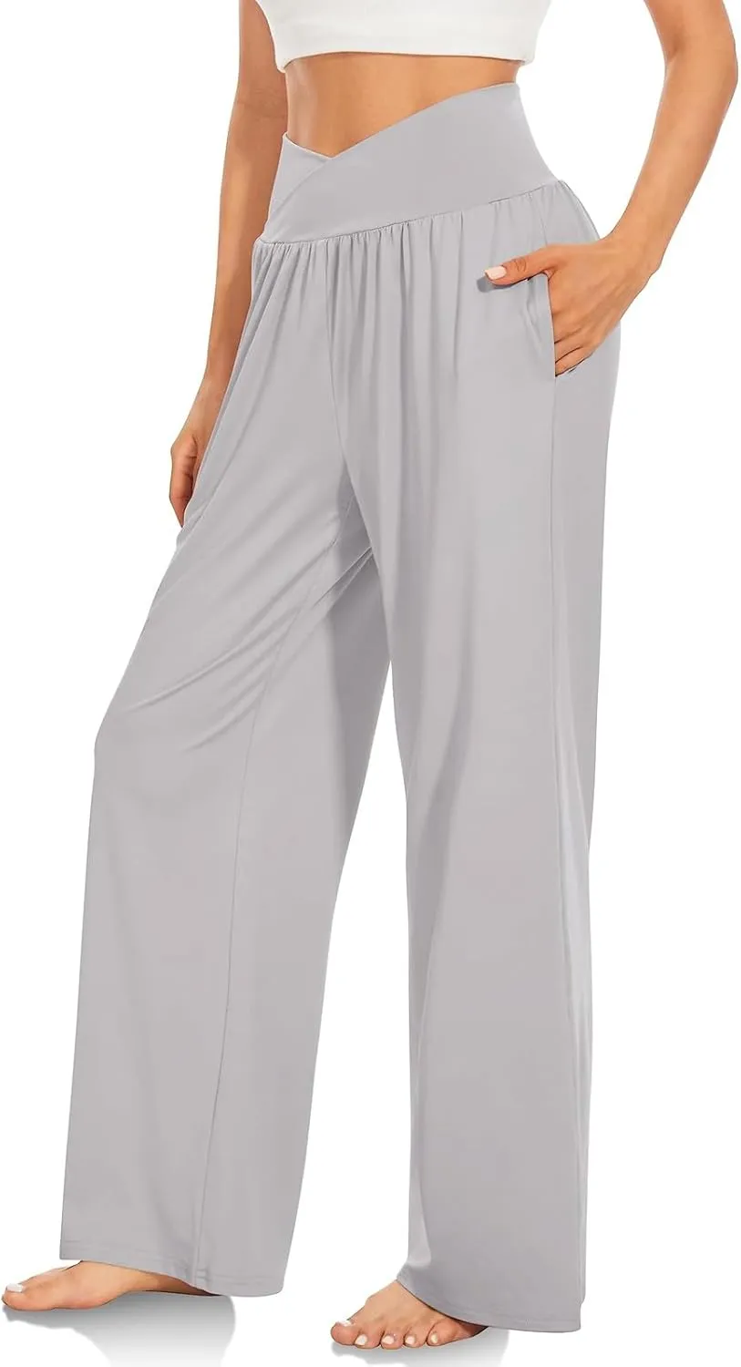 Wide Leg Yoga Pants for Women Crossover High Waisted Athletic Pants with Pockets Soft Straight Leg Lounge Pants