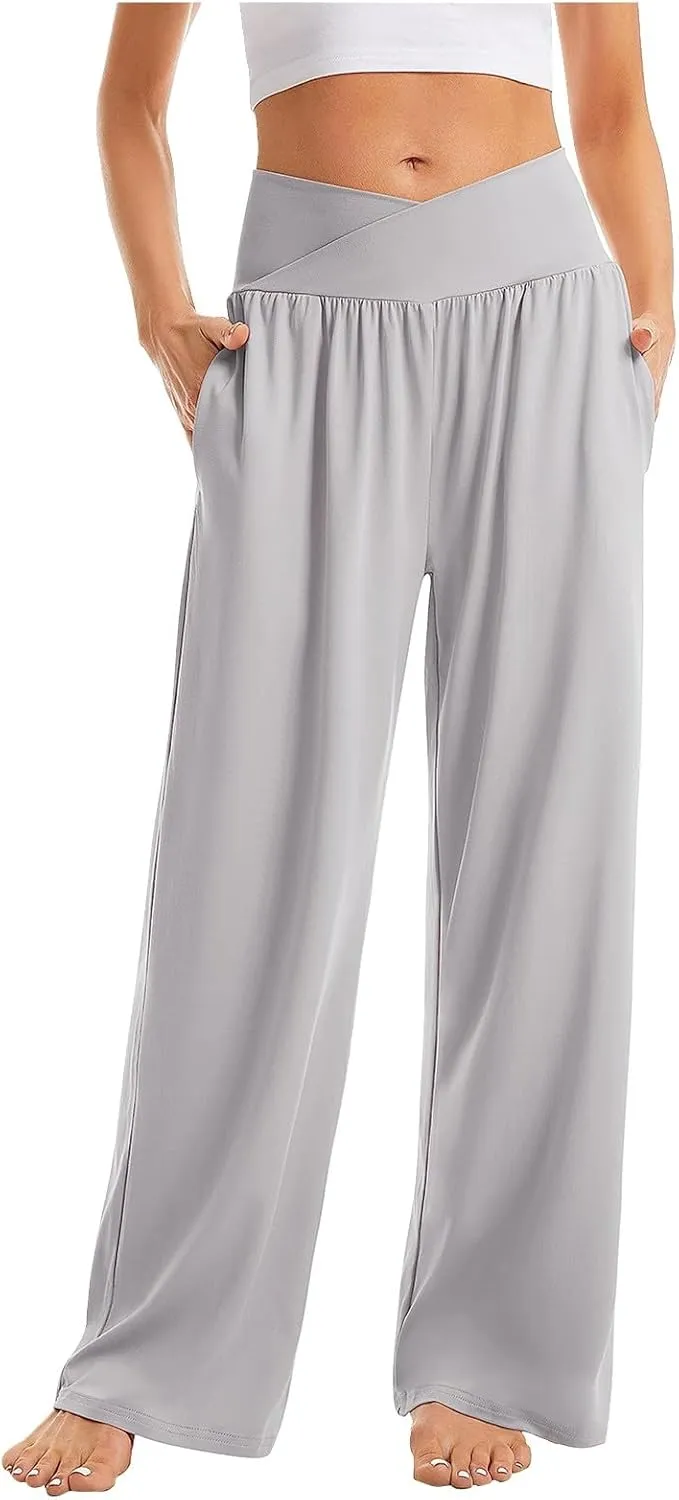 Wide Leg Yoga Pants for Women Crossover High Waisted Athletic Pants with Pockets Soft Straight Leg Lounge Pants