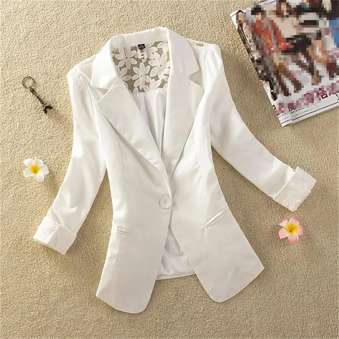Women 3/4 Sleeve Blazer Spring Summer Slim Short Suit Jacket One Button Office Lady Suit Blazer